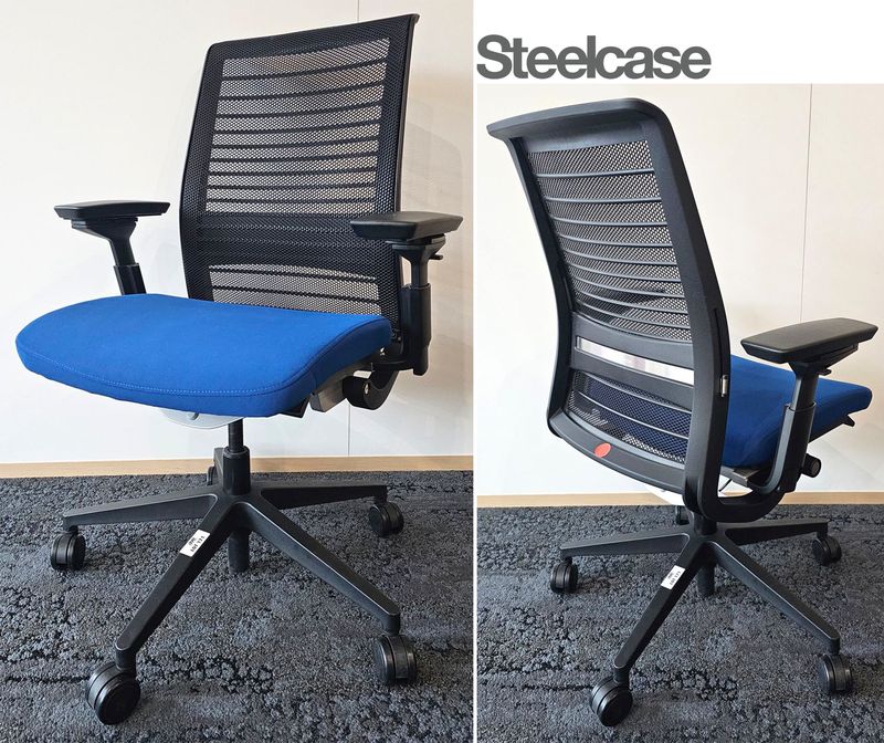 FAUTEUIL DE BUREAU SUR ROULETTE A HAUTEUR AJUSTABLE ET SUPPORT LOMBAIRE DE MARQUE STEELCASE MODELE THINK, ASSISE EN TISSU DE COULEUR BLEUE MARINE ET DOSSIER EN RESILLE DE COULEUR NOIRE REPOSANT SUR UN PIETEMENT A 5 BLANCHES EN POLYPROPYLENE DE COULEUR NOIRE. HAUTEUR MIN : 96 CM, HAUTEUR MAX : 106 CM, 70 X 66 CM. 3 UNITES. VENDU A L'UNITE AVEC FACULTE DE REUNION. LOCALISATION -> BAT A : 1 SE; BAT B : STOCK DELTA