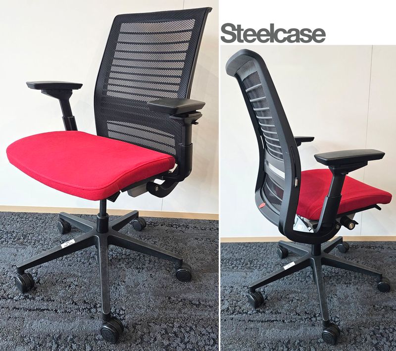 FAUTEUIL DE BUREAU SUR ROULETTE A HAUTEUR AJUSTABLE ET SUPPORT LOMBAIRE DE MARQUE STEELCASE MODELE THINK, ASSISE EN TISSU DE COULEUR ROUGE ET DOSSIER EN RESILLE DE COULEUR NOIRE REPOSANT SUR UN PIETEMENT A 5 BLANCHES EN POLYPROPYLENE DE COULEUR NOIRE. HAUTEUR MIN : 96 CM, HAUTEUR MAX : 106 CM, 70 X 66 CM. 3 UNITES. VENDU A L'UNITE AVEC FACULTE DE REUNION. LOCALISATION -> BAT A : 1 SE; BAT B : STOCK DELTA