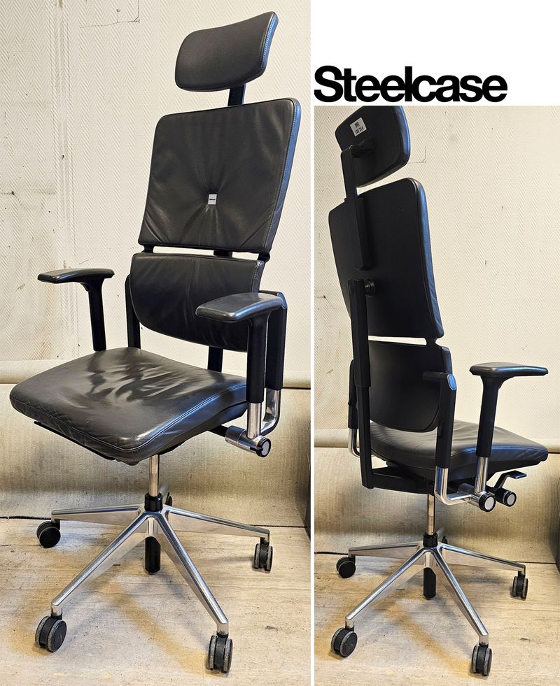 FAUTEUIL ERGONOMIQUE SUR ROULETTE A HAUTEUR ET TETIERE AJUSTABLE, ASSISE, DOSSIER, TETIERE ET ACCOUDOIRS EN CUIR DE COULEUR NOIR REPOSANT SUR UN PIETEMENT ETOILE A 5 BRANCHE EN ACIER CHROME DE MARQUE STEELCASE MODELE PLEASE. HAUTEUR MAX : 140 CM, HAUTEUR MIN : 128 CM, 70 X 63 CM. LOCALISATION -> BAT B : STOCK DELTA