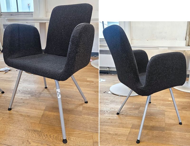 FAUTEUIL ASSISE, DOSSIER ET ACCOUDOIRS EN FEUTRINE DE COULEUR NOIRE ANTHRACITE REPOSANT SUR 4 PIEDS EN ACIER LAQUE GRIS AVEC PATINS. 82 X 58 X 58 CM. 2 UNITES. VENDU A L'UNITE AVEC FACULTE DE REUNION. LOCALISATION -> BAT B : STOCK DELTA 2