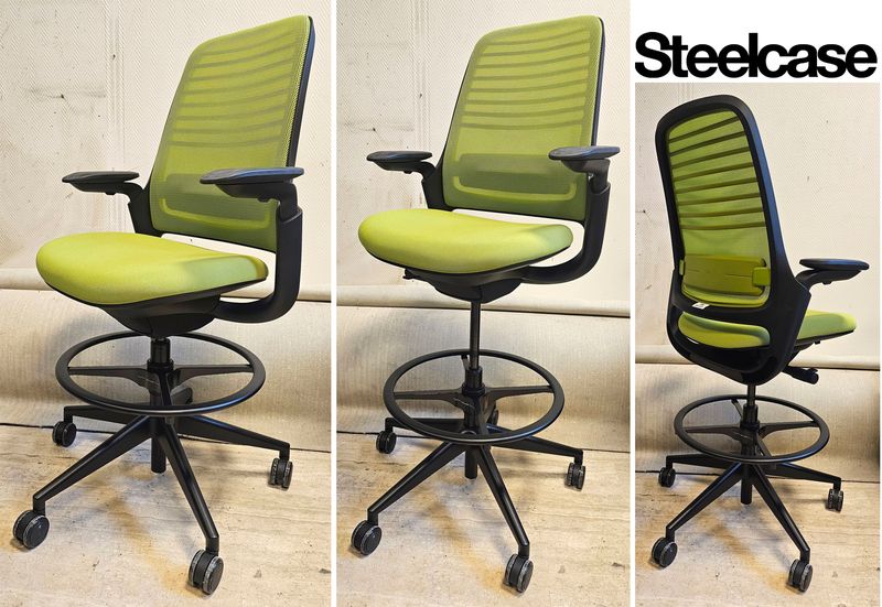 FAUTEUIL DE BUREAU HAUT A HAUTEUR AJUSTABLE AVEC SOUTIEN LOMBAIRE DE MARQUE STEELCASE MODELE SERIES 1 DOSSIER EN RESILLE DE COULEUR VERT POMME, ASSISE EN TISSU DE COULEUR VERT POMME REPOSANT SUR UN PIETEMENT ETOILE A ROULETTES ET UN REPOSE PIED EN ACIER LAQUE NOIR. HAUTEUR MIN : 96 CM, HAUTEUR MAX : 106 CM, 70 X 66 CM. 2 UNITES. VENDU A L'UNITE AVEC FACULTE DE REUNION. LOCALISATION -> BAT B : STOCK DELTA