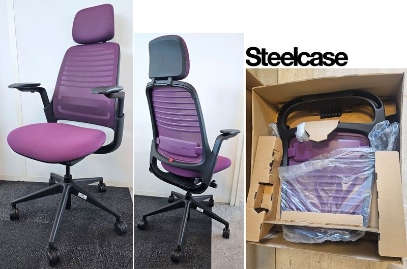 FAUTEUIL DE BUREAU A HAUTEUR AJUSTABLE AVEC TETIERE ET SOUTIEN LOMBAIRE DE MARQUE STEELCASE MODELE SERIES 1 DOSSIER EN RESILLE DE COULEUR VIOLETTE ASSISE EN TISSU DE COULEUR VIOLETTE REPOSANT SUR UN PIETEMENT ETOILE A ROULETTES EN ACIER CHROME. HAUTEUR MIN : 115 CM ; HAUTEUR MAX : 126 CM ; 64 X 64 CM. VENDU NEUF DANS SON CARTON D'ORIGNE. LOCALISATION -> BAT B : STOCK DELTA