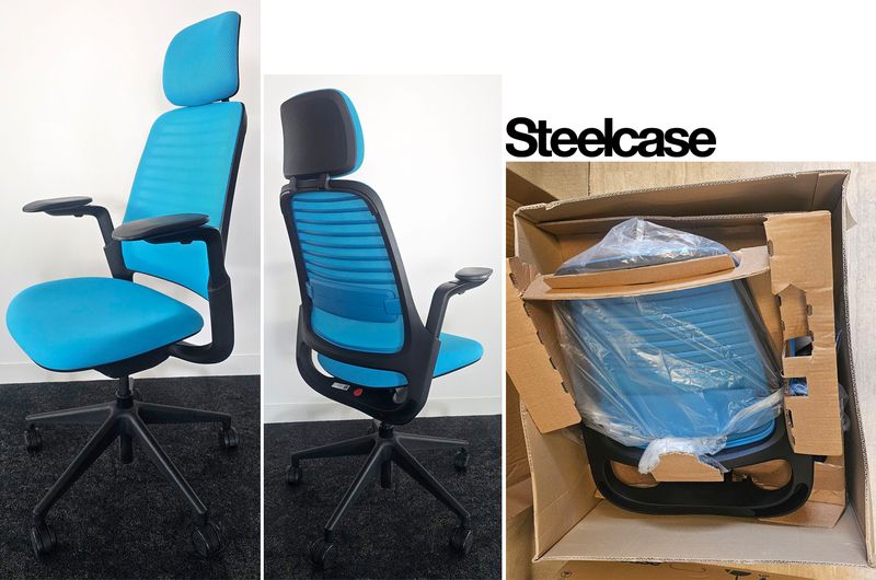 FAUTEUIL DE BUREAU A HAUTEUR AJUSTABLE AVEC TETIERE ET SOUTIEN LOMBAIRE DE MARQUE STEELCASE MODELE SERIES 1 DOSSIER EN RESILLE DE COULEUR BLEUE ASSISE EN TISSU DE COULEUR BLEUE REPOSANT SUR UN PIETEMENT ETOILE A ROULETTES EN ACIER CHROME. HAUTEUR MIN : 115 CM ; HAUTEUR MAX : 126 CM ; 64 X 64 CM. VENDU NEUF DANS SON CARTON D'ORIGNE. LOCALISATION -> BAT B : STOCK DELTA