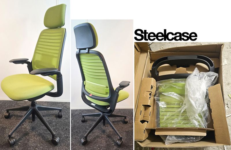 FAUTEUIL DE BUREAU A HAUTEUR AJUSTABLE AVEC TETIERE ET SOUTIEN LOMBAIRE DE MARQUE STEELCASE MODELE SERIES 1 DOSSIER EN RESILLE DE COULEUR VERT POMME ASSISE EN TISSU DE COULEUR VERT POMME REPOSANT SUR UN PIETEMENT ETOILE A ROULETTES EN ACIER CHROME. HAUTEUR MIN : 115 CM ; HAUTEUR MAX : 126 CM ; 64 X 64 CM. VENDU NEUF DANS SON CARTON D'ORIGNE. 4 UNITES. VENDU A L'UNITE AVEC FACULTE DE REUNION. LOCALISATION -> BAT A : -3