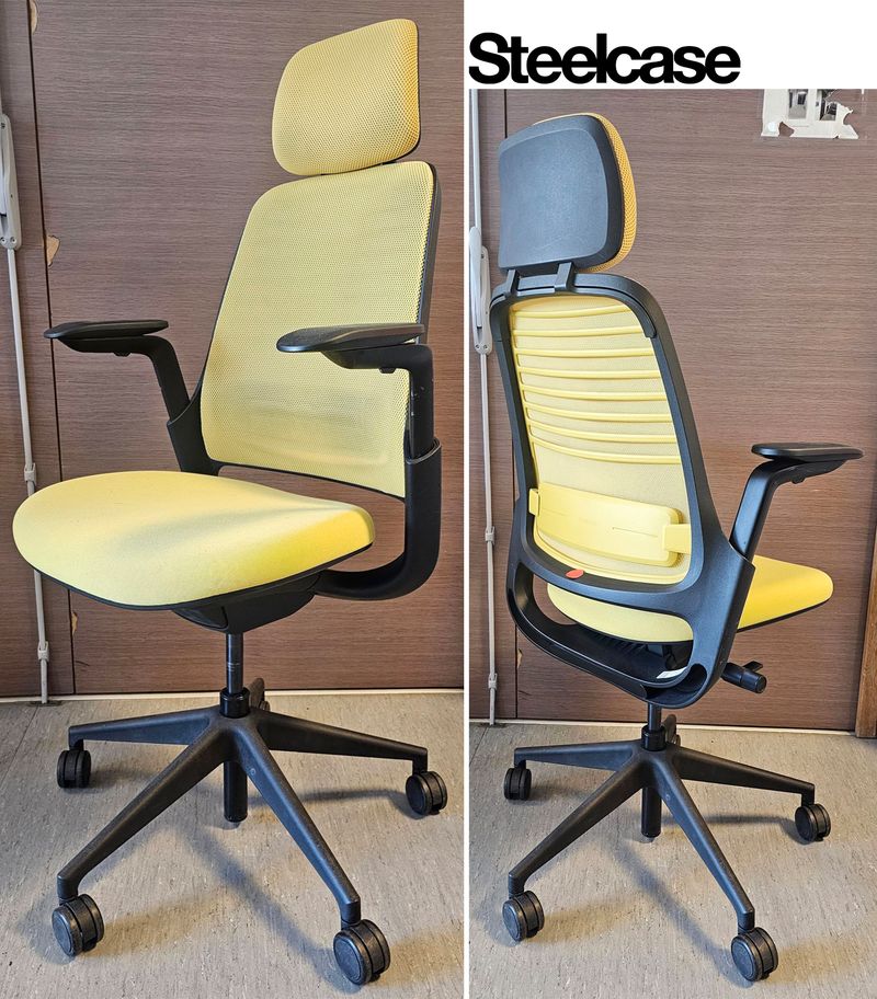 FAUTEUIL DE BUREAU A HAUTEUR AJUSTABLE ET TETIERE, SOUTIEN LOMBAIRE DE MARQUE STEELCASE MODELE SERIES 1 DOSSIER EN RESILLE DE COULEUR JAUNE, ASSISE ET TETIERE EN TISSU DE COULEUR JAUNE REPOSANT SUR UN PIETEMENT ETOILE A ROULETTES EN ACIER LAQUE NOIR. HAUTEUR MIN : 115 CM ; HAUTEUR MAX : 126 CM ; 64 X 64 CM. 8 UNITES. VENDU A L'UNITE AVEC FACULTE DE REUNION. LOCALISATION -> BAT H : 2, 1