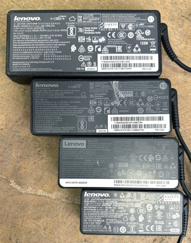 335 ALIMENTATIONS POUR PORTABLES OU STATION D'ACCUEIL DE MARQUE LENOVO DONT MODELES ADLX65YCC3D - 65 WATT, ADLX90NLCA3 - 90 WATT, ADL135NLC3A - 135 WATT, ADLX45NAC3A - 45 WATT.