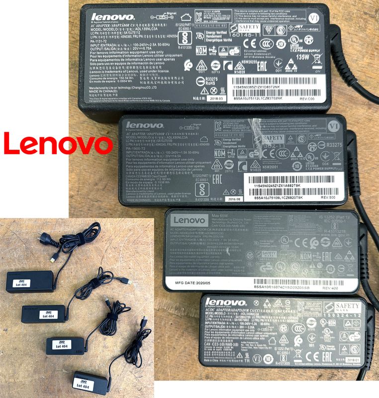 335 ALIMENTATIONS POUR PORTABLES OU STATION D'ACCUEIL DE MARQUE LENOVO DONT MODELES ADLX65YCC3D - 65 WATT, ADLX90NLCA3 - 90 WATT, ADL135NLC3A - 135 WATT, ADLX45NAC3A - 45 WATT.