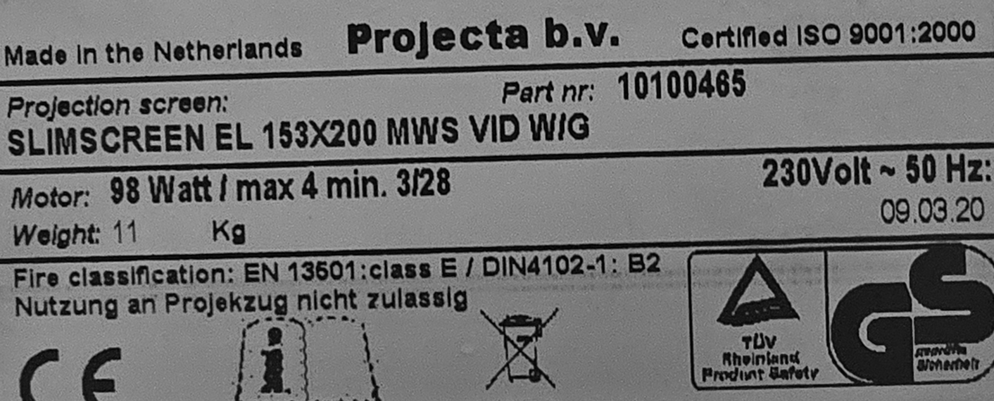 ECRAN DE PROJECTION ELECTRIQUE DE MARQUE PROJECTA MODELE SLIM SCREEN EL 153X200 MWS VID WIG. TOILE : 154 X 200 CM. DEMONTAGE PAR L'ACHETEUR DANS LES REGLES DE L'ART. 2 UNITES. VENDU A L'UNITE AVEC FACULTE DE REUNION. LOCALISATION -> BAT A : -2 SE