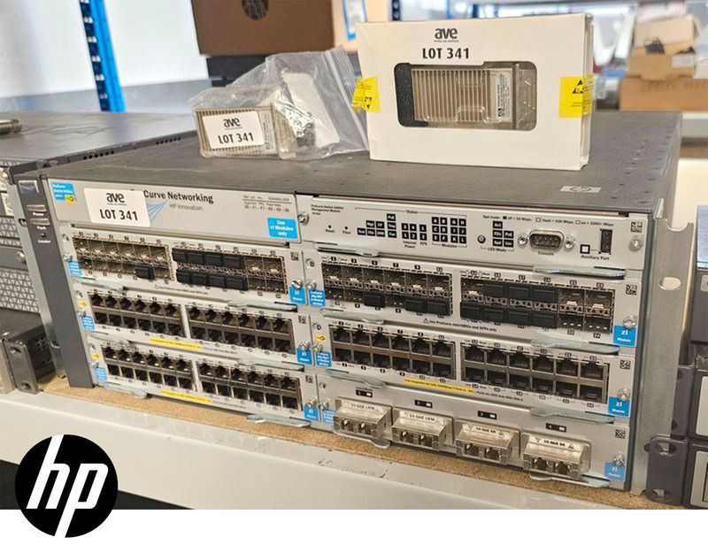 COMMUTATEUR RACKABLE DE MARQUE HP MODELE PROCURVE 5406 ZL COMPRENANT 4 SWITCH 24 PORTS GIGABIT DONT : 2 MODELE 8706A, 2 MODELE 8702A ET 1 SWITCH 4 PORTS OPTIQUES MODELE 8707A. ON Y JOINT 6 CONNECTEURS OPTIQUES DE MARQUE HP MODELE PROCURVE 10-GBE X2-SCSR OPTIC. LOCALISATION -> BAT J : - 1