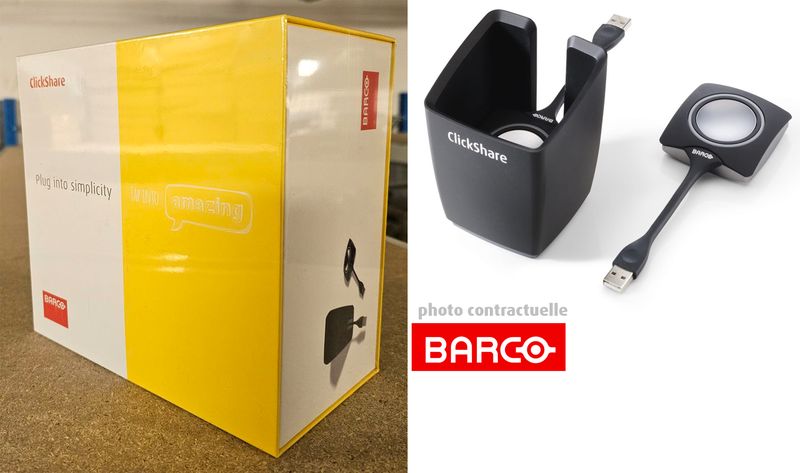 INTERFACE DE PARTAGE USB DE MARQUE BARCO MODELE CLICKSHARE TRAY + 2 BUTTONS PACK COMPRENANT 2 CLICKSHARE ET 1 PRESENTOIR. VENDU DANS SON EMBALLAGE D'ORIGINE. 6 UNITES. VENDU A L'UNITE AVEC FACULTE DE REUNION.  LOCALISATION -> BAT J : - 1