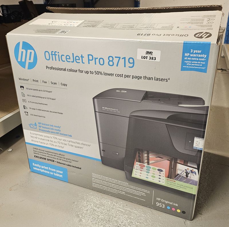 IMPRIMANTE MULTIFONCTION JET D'ENCRE COULEUR WIFI, RESEAU DE MARQUE HP MODELE OFFICE JET PRO 8719. VENDU DANS SON EMBALLAGE D'ORIGINE.  LOCALISATION -> BAT J : - 1