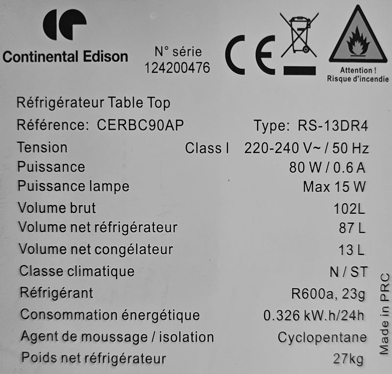 REFRIGERATEUR COMPRENANT UN COMPARTIMENT CONGELATION, UN BAC LEGUME 2 NIVEAUX DE MARQUE CONTINENTAL EDISON MODELE RS-13DR4. 102 LITRES. 83 X 49 X 49 CM. LOCALISATION -> BAT A : 2 CSE