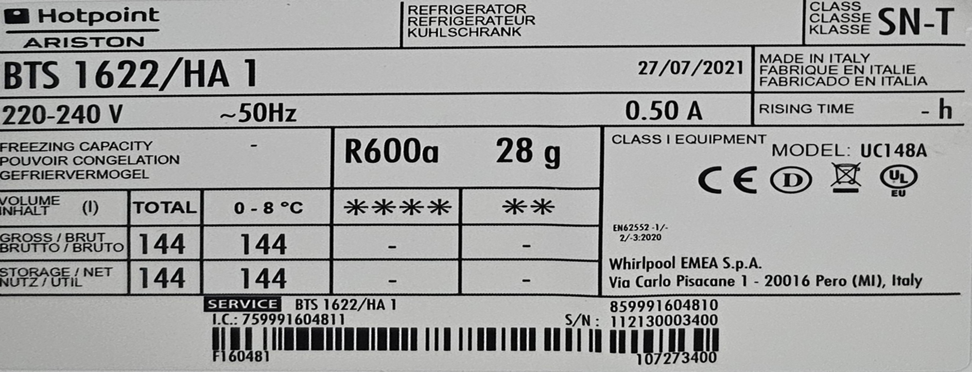 REFRIGERATEUR ENCASTRE OUVRANT PAR UNE PORTE SUR 2 NIVEAUX, 2 BACS A LEGUMES ET 2 RANGEMENTS POUR LES PORTES DE MARQUE HOTPOINT ARISTON MODELE BTS1622/HA. 3 UNITES. VENDU A L'UNITE AVEC FACULTE DE REUNION. LOCALISATION -> BAT FK : RDC