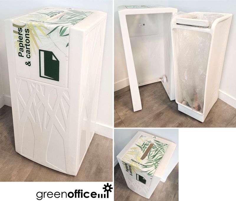 POUBELLE DE TRI "PAPIER & CARTON" SUR ROULETTE EN NYLON DE COULEUR BLANCHE COMPRENANT UNE FENTE DE MARQUE GREEN OFFICE. 85 X 41 X 40 CM. VENDU AVEC OU SANS ETIQUETTE. 53 UNITES. VENDU A L'UNITE AVEC FACULTE DE REUNION. LOCALISATION -> BAT A : 3, 2, 1, RDC, ACCUEIL, -1, -2; BAT B : 1, RDC; BAT FK : 2, 1; BAT J : 1; BAT H : 3, 2, 1