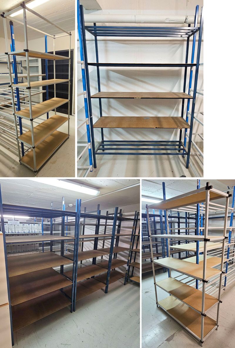 6,75 METRES LINEAIRES D'ETAGERE COMPRENANT 5 ETAGERES A 5 NIVEAUX EN ACIER LAQUE BLEU. 3 ETAGERES DE 188 X 125 X 40 CM ; 2 ETAGERES DE 188 X 100 X 40 ET 1 ETAGERE DE 188 X 100 X 80 CM. ON Y JOINT 2 ETAGERES A 5 NIVEAUX CHACUNE EN ACIER LAQUE GRIS (165 X 105 X 35 ET 203 X 105 X 35 CM). LOCALISATION -> BAT A : -2 ARCHIVE 3