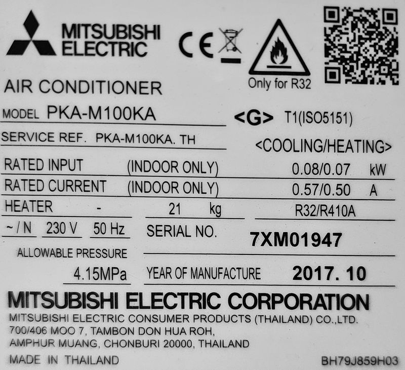 CLIMATISEUR REVERSIBLE DE MARQUE MITSUBISHI ELECTRIC COMPRENANT 1 UNITE EXTERIEUR MODELE MR SLIM INVENTER PKA-M100KA (94 X 95 X 34 CM), 1 BLOC DE CLIM MODELE AIR CONDITIONNER PUHZ-P100YHA3 (36 X 116 X 28 CM) ET 1 COMMANDE DE CONTRÔLE MODELE PAR-33MAA. 2 UNITES. VENDU A L'UNITE AVEC FACULTE DE REUNION. LOCALISATION -> BAT A : -2 LOCAL BAIE SO,