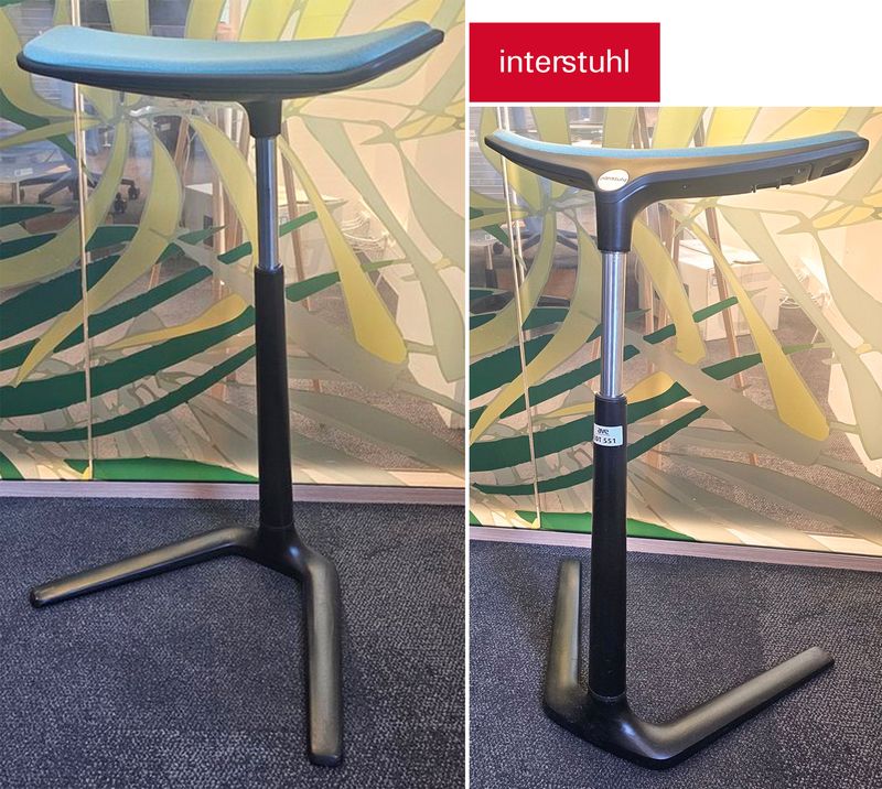 TABOURET ASSIS DEBOUT A HAUTEUR AJUSTABLE DE MARQUE INTERSTUHL ASSISE EN TISSU DE COULEUR BLEUE TURQUOISE REPOSANT SUR UN PIETEMENT COLONNE EN FONTE D'ALUMINIUM LAQUE NOIR. HAUTEUR MAX : 86 CM , HAUTEUR MIN : 70 CM, 53 X 36 CM. USURE ASSISE. 5 UNITES. VENDU A L'UNITE AVEC FACULTE DE REUNION. LOCALISATION -> BAT FK : 2