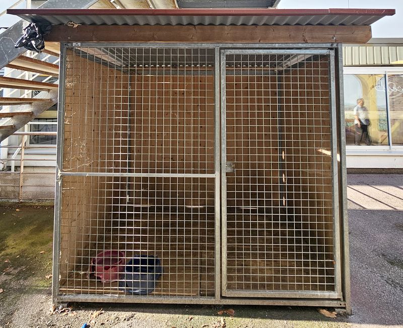 CHENIL OU BOX POUR CHIEN AVEC TOIT EN TAULE ONDULEE REPOSANT SUR UNE STRUCTURE EN PIN ET EN ACIER GALVANISE AVEC UNE GRILLE EN FACADE EN ACIER GALVANISE OUVRANT PAR UNE PORTE AVEC FERMETURE PAR CADENAS, SOL EN BOIS. 197 X 244 X 190 CM. LOCALISATION -> BAT FK EXT.