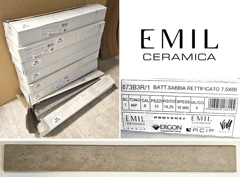 7 CARTONS DE 15 PLINTHES EN CARRELAGE DE COULEUR GRIS BEIGE DE MARQUE EMIL CERAMICA MODELE 873B3R/1. 60 X 7 X 1 CM. VENDU NEUF DANS LEUR EMBALLAGE D'ORIGINE. ON Y JOINT 11 PLINTHES. LOCALISATION -> BAT B : STOCK DELTA