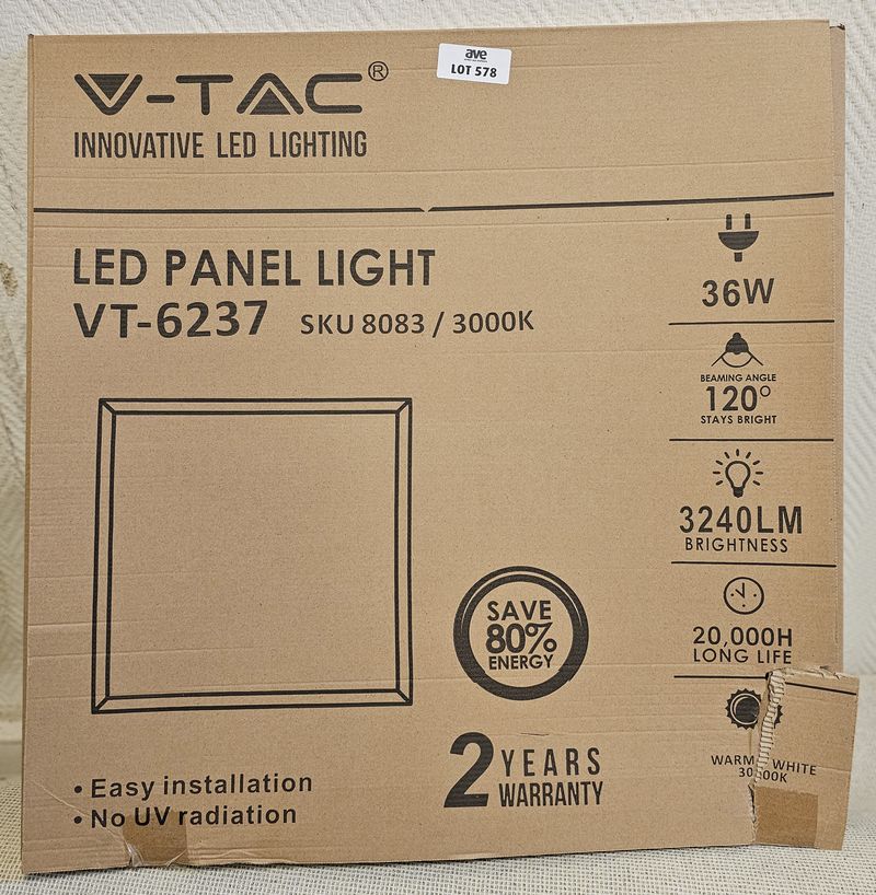 17 DALLES LUMINEUSES PLAFONNIER DE MARQUE V-TACMODELE VT-6237. 60 X 60 CM. LUMIERE LED, 3240 LM, WARM WIGHT 30 000 K. VENDU DANS LEUR EMBALLAGE D'ORIGINE. LOCALISATION -> BAT B : STOCK DELTA