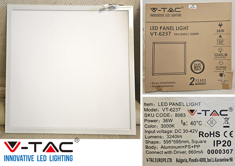 17 DALLES PLAFONNIER LED DE MARQUE V-TAC MODELE VT-6237. 60 X 60 CM. 3240 LM, WARM WIGHT 30 000 K. VENDU DANS LEUR EMBALLAGE D'ORIGINE. LOCALISATION -> BAT B : STOCK DELTA