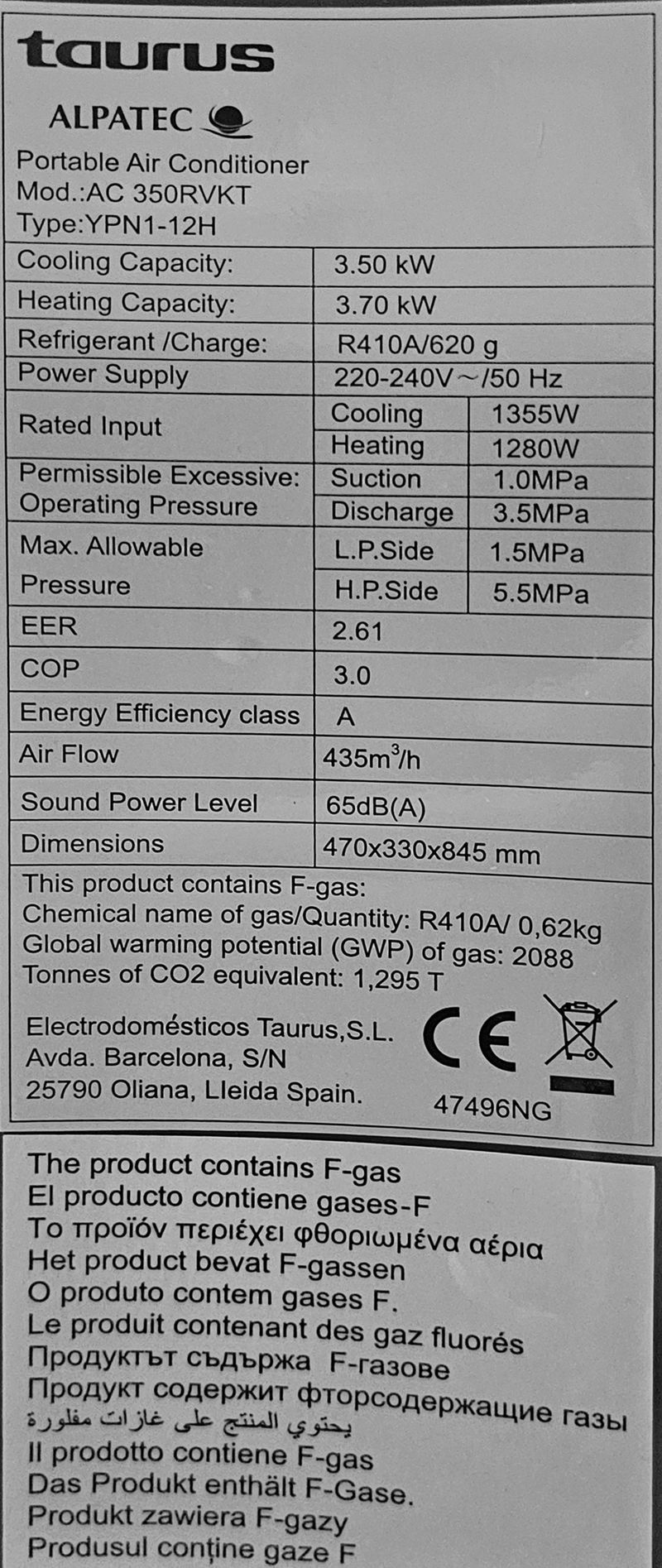 CLIMATISEUR MOBILE SUR ROULETTE DE MARQUE TAURUS ALPATEC MODELE AC 350 RVKT. 90 X 47 X 35 CM. VENDU AVEC TUYAU EXTRACTION. LOCALISATION -> BAT A : -3