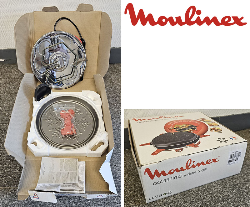 APPAREIL A RACLETTE ET GRILL DE MARQUE MOULINEX MODELE ACCESSIMO B 301 520 920. 850 WATTS. VENDU NEUF DANS SON EMBALLAGE D'ORIGINE. LOCALISATION -> BAT B : STOCK DELTA 3