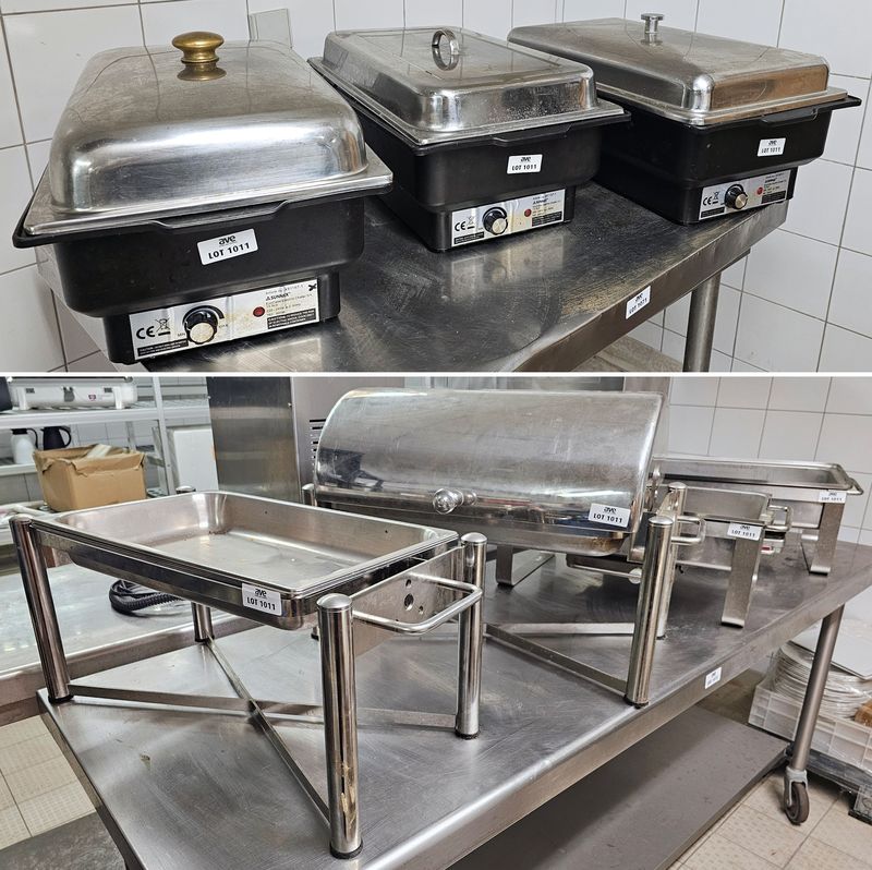 6 CHEF & DISH COMPRENANT : 3 CHEF & DISH DE MARQUE SUNNEX MODELE ECO CATER ELECTRIC CHAFER BAC EN NYLON ALIMENTAIRE ET CLOCHE EN ALUMINIUM ; 2 CHEF & DISH DE MARQUE WMF EN ALUMINIUM ET INOX ALIMENTAIRE VENDU SANS CLOCHE ; 1 CHEF & DISH DE MARQUE HEPP EN ALUMINIUM ET INOX ALIMENTAIRE VENDU AVEC CLOCHE. ON Y JOINT UN CHEF & DISH DE MARQUE HEPP VENDU EN L'ETAT. LOCALISATION -> BAT FK