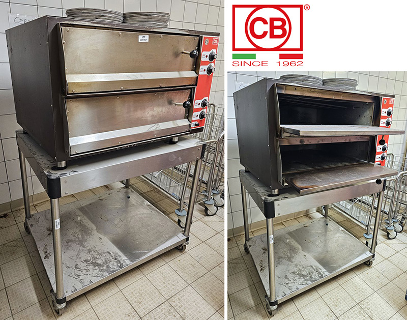 FOUR A PIZZA A 2 ETAGES DE MARQUE CB MODELE PIZZA-CB 700X700X2. VENDU AVEC SA REHAUSSE SUR ROULETTES, SA PELLE ET 53 PLAQUES A PIZZA. CABLE D'ALIMENTATION TRIPHASE COUPE. 62 X 97 X 85 CM. LOCALISATION -> BAT FK