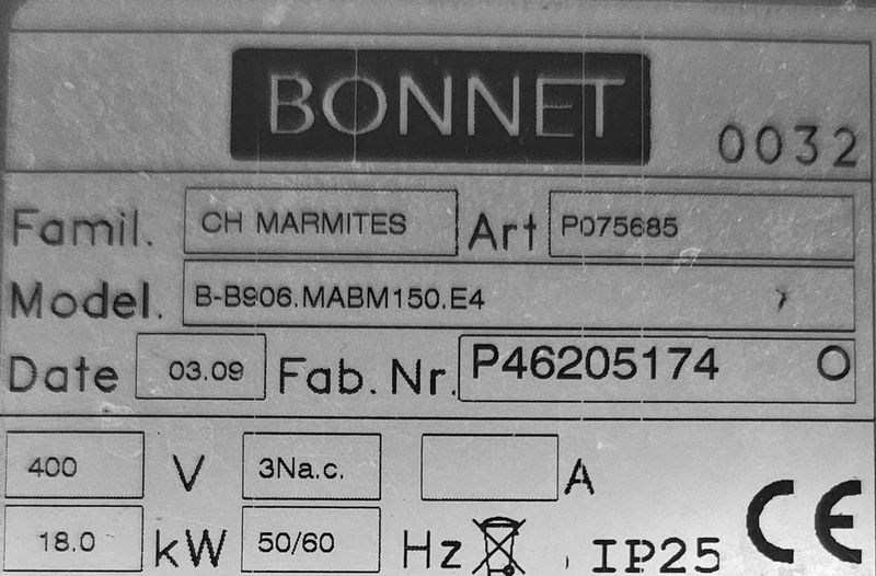 MARMITE DE MARQUE BONNET MODELE B-B906.MABM150.E4 EN INOX ALIMENTAIRE. 100 X 80 X 100 CM. DEMONTAGE PAR L'ACHETEUR DANS LES REGLES DE L'ART. LOCALISATION -> BAT FK