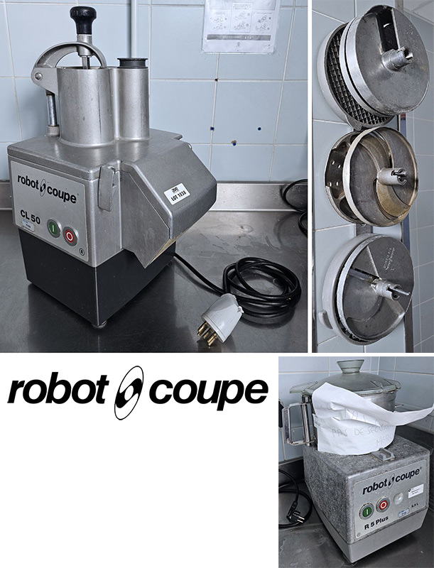 COUPE LEGUME DE MARQUE ROBOT COUPE MODELE CL 50. VENDU AVEC 7 COUTEAUX ET LEUR SUPPORT MURAL. ALIMENTATION TRIPHASE. ON Y JOINT UN ROBOT COUPE MODELE R5+ POUR PIECES. LOCALISATION -> BAT FK