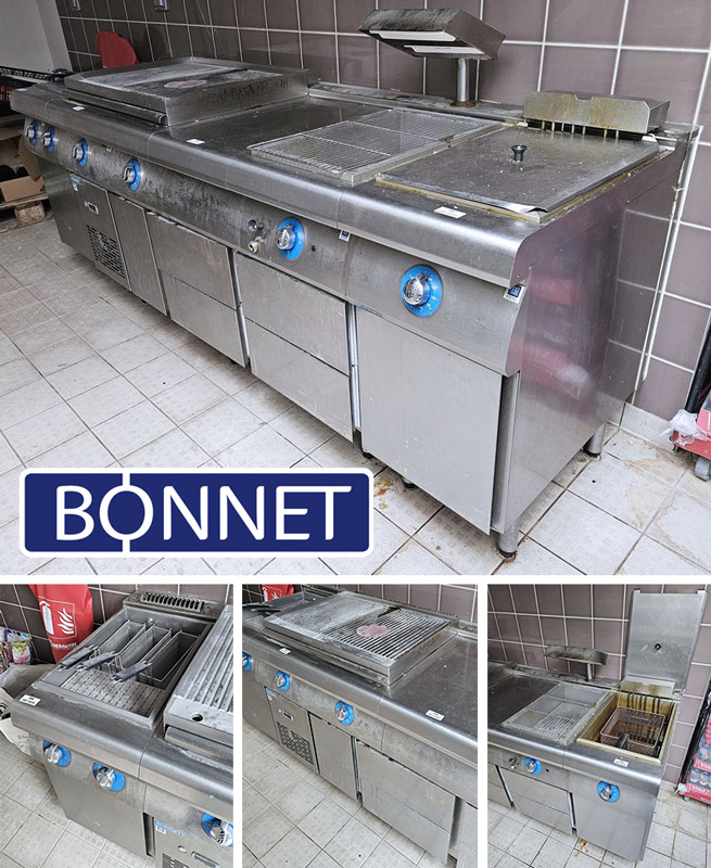 LIGNE DE CUISSON DE MARQUE BONNET COMPRENANT : 1 FRITEUSE MODELE B-B706.FR18.E4 A 1 BAC, 1 CHAUFFE FRITES MODELE B-D706.RFI, 1 GRILLADE RAINUREE A 2 FEUX MODEL B-D706.SL800.E4CRRN, 1 CUISEUR A PATES A 3 PANIERS ET 1 MEUBLE DE PREPARATION MODELE B-B706.CP400.E REPOSANT SUR UN MEUBLE REFRIGERE A 4 TIROIRS POUR BAC GASTRO. 110 X 240 X 78 CM. DEMONTAGE PAR L'ACHETEUR DANS LES REGLES DE L'ART. LOCALISATION -> BAT FK