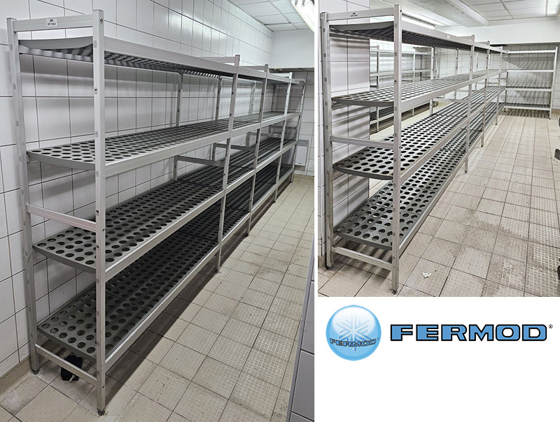 9,88 METRES LINEAIRES DE RAYONNAGE DE CHAMBRE FROIDE EN ALUMINIUM ET NYLON ALIMENTAIRE DE MARQUE FERMOD DANS SA CONFIGURATION ACTUELLE : 1 BAIE A 5 ECHELLES 16 NIVEAUX ET 48 CLAYETTES (168,5 X 494 X 46 CM) ET 1 BAIE DE 6 ECHELLES 20 NIVEAUX ET 60 CLAYETTES (168,5 X 494 X 138 CM). LOCALISATION -> BAT FK