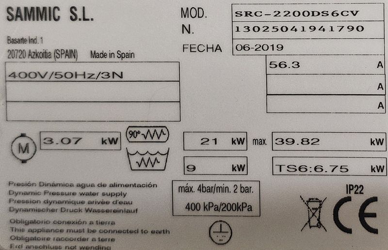 LAVE-VAISSELLE DE MARQUE SAMMIC MODELE SRC-2200DS6CV. 188 X 450 X 74 CM. ON Y JOINT SA LIGNE DE CONVOYAGE (800 X 260 X 216 CM) COMPRENANT : UN POSTE DE TRI A 3 POUBELLES, 1 MITIGEUR DOUCHETTE, 1 ETAGERE A DOUBLE NIVEAU DONT 1 EGOUTTOIR, 1 PAIRE DE GANTS ET 2 DISTRIBUTEURS DE PRODUIT DE MARQUE ECOLAB. NECESSITE DEMONTAGE PAR L'ACHETEUR DANS LES REGLES DE L'ART. LOCALISATION -> BAT FK