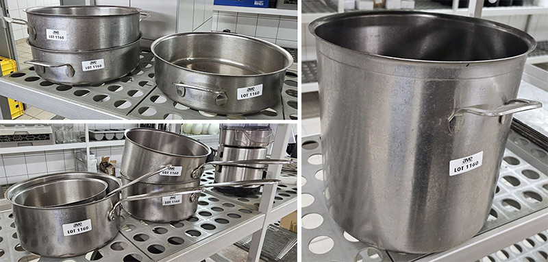 7 USTENSILS DE CUISSON DONT : 4 CASSEROLES (DE 23 A 26 CM DE DIAMETRE), 3 MARMITES (34 CM DE DIAMETRE) ET 1 FAIT-TOUT (34 CM DE DIAMETRE ET 33 CM DE PROFONDEUR) DIVERSES MARQUES, DIVERSES TAILLES EN INOX ALIMENTAIRE. LOCALISATION -> BAT FK