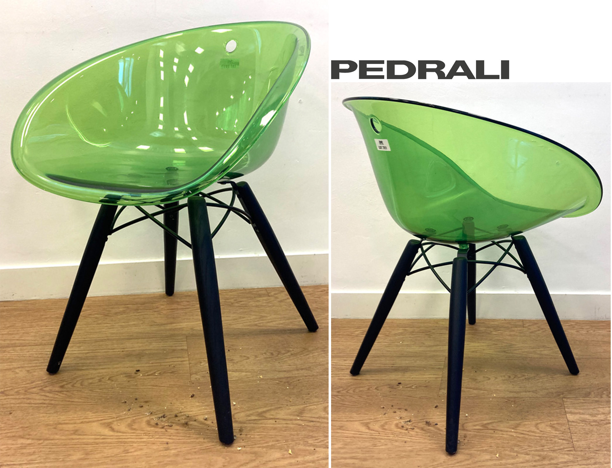 FAUTEUIL DESIGN MARCO POCCI & CLAUDIO DONDOLI MODELE GLISS 905 EDITION PEDRALI ASSISE ET DOSSIER COQUE EN POLYPROPYLENE TRANSPARENT DE COULEUR VERTE REPOSANT SUR UNE STRUCTURE EN ACIER LAQUE NOIR ET SUR 4 PIEDS EN BOIS PEINTS NOIR. 76 X 60 X 55 CM. 15 UNITES. VENDU A L'UNITE AVEC FACULTE DE REUNION. ENLEVEMENTS : LUNDI 2 ET MARDI 3 DECEMBRE 2024 DE 9H A 17H. LOCALISATION -> AVE - 2 BOULEVARD DU GENERAL DE GAULLE - 92500 RUEIL MALMAISON