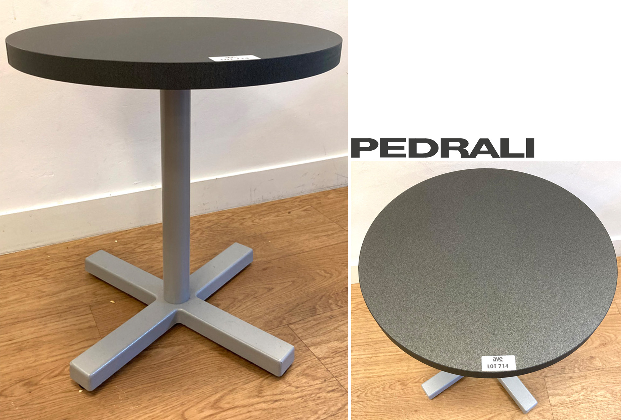 TABLE BASSE DE MARQUE PEDRALI PLATEAU ROND EN BOIS STRATIFIE DE COULEUR GRIS ANTHRACITE MOUCHETE SUR UN PIETEMENT EN ACIER LAQUE GRIS ET FONTE D'ACIER. 54 X 49,5 CM. LOCALISATION -> AVE - 2 BOULEVARD DU GENERAL DE GAULLE - 92500 RUEIL MALMAISON