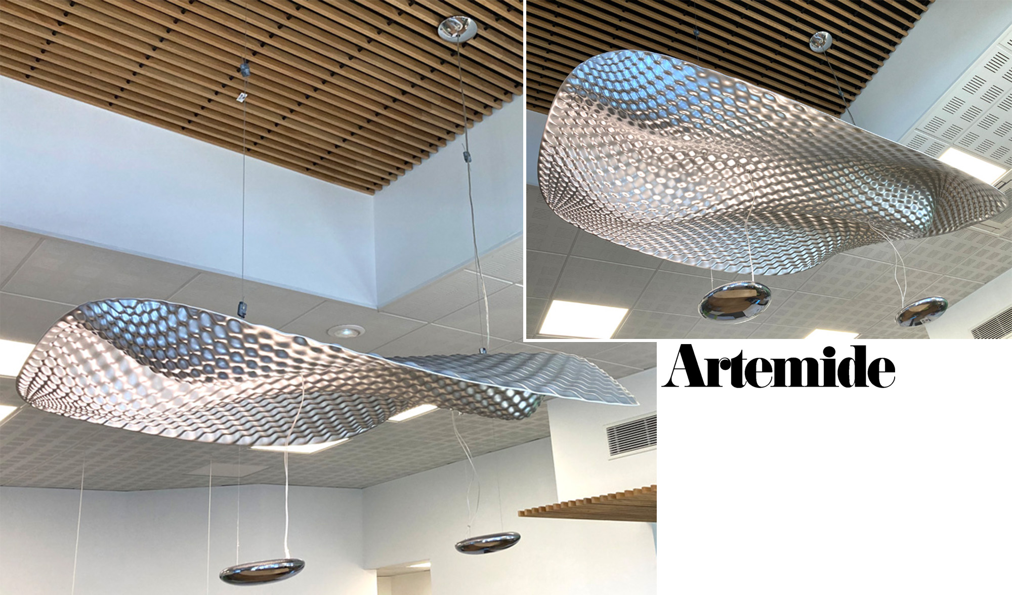 SUSPENSION LUMINEUSE DESIGN ROSS LOVEGROVE MODELE COSMIC ANGEL EDITIONS ARTEMIDE COMPOSE D'UNE FEUILLE D'ALUMINIUM DEPOLI ECLAIREE PAR 2 GALET SUSPENDUS EN ALUMINUM CHROME. 180 X 180 X 84 CM. 2 UNITES. VENDU A L'UNITE AVEC FACULTE DE REUNION. LOCALISATION -> AVE - 2 BOULEVARD DU GENERAL DE GAULLE - 92500 RUEIL MALMAISON