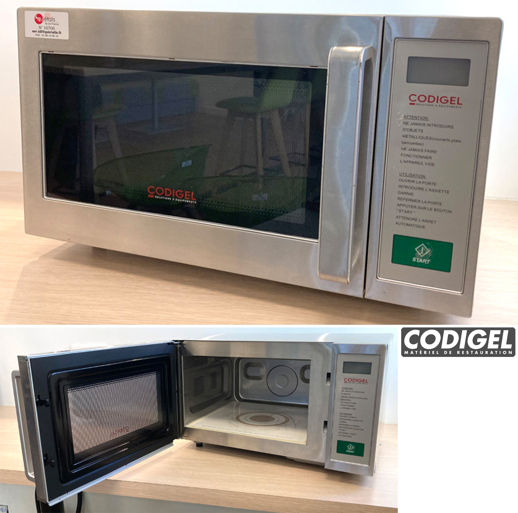 FOUR MICRO-ONDES PROFESSIONNEL 1100 WATTS DE MARQUE CODIGEL MODELE P1100C. 31 X 52 X 47 CM. ENLEVEMENTS : LUNDI 2 ET MARDI 3 DECEMBRE 2024 DE 9H A 17H. LOCALISATION -> AVE - 2 BOULEVARD DU GENERAL DE GAULLE - 92500 RUEIL MALMAISON