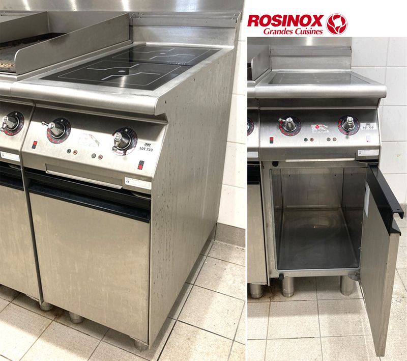 PLAQUE DE CUISSON INDUCTION A 2 FEUX EN INOX ALIMENTAIRE DE MARQUE ROSINOX MODELE INDUCTION 2X5KW/PL FERME RC8 49030 OUVRANT DANS SA PARTIE BASSE PAR UNE PORTE SUR UNE NICHE ET REPOSANT SUR 4 PIEDS. 100 X 40 X 80 CM. LOCALISATION -> AVE - 2 BOULEVARD DU GENERAL DE GAULLE - 92500 RUEIL MALMAISON