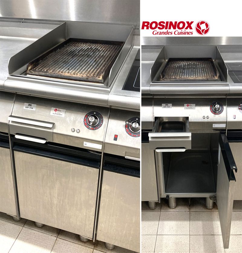 GRILLADE RAINUREE ELECTRIQUE EN INOX ALIMENTAIRE DE MARQUE ROSINOX MODELE GR 20E /PL FERME RC8 49103 400V 6KW AVEC TIROIR DE COLLECTE DE GRAISSE, OUVRANT PAR UNE PORTE DANS SA PARTIE BASSE SUR UNE NICHE, REPOSANT SUR 4 PIEDS. 100 X 40 X 80 CM. LOCALISATION -> AVE - 2 BOULEVARD DU GENERAL DE GAULLE - 92500 RUEIL MALMAISON