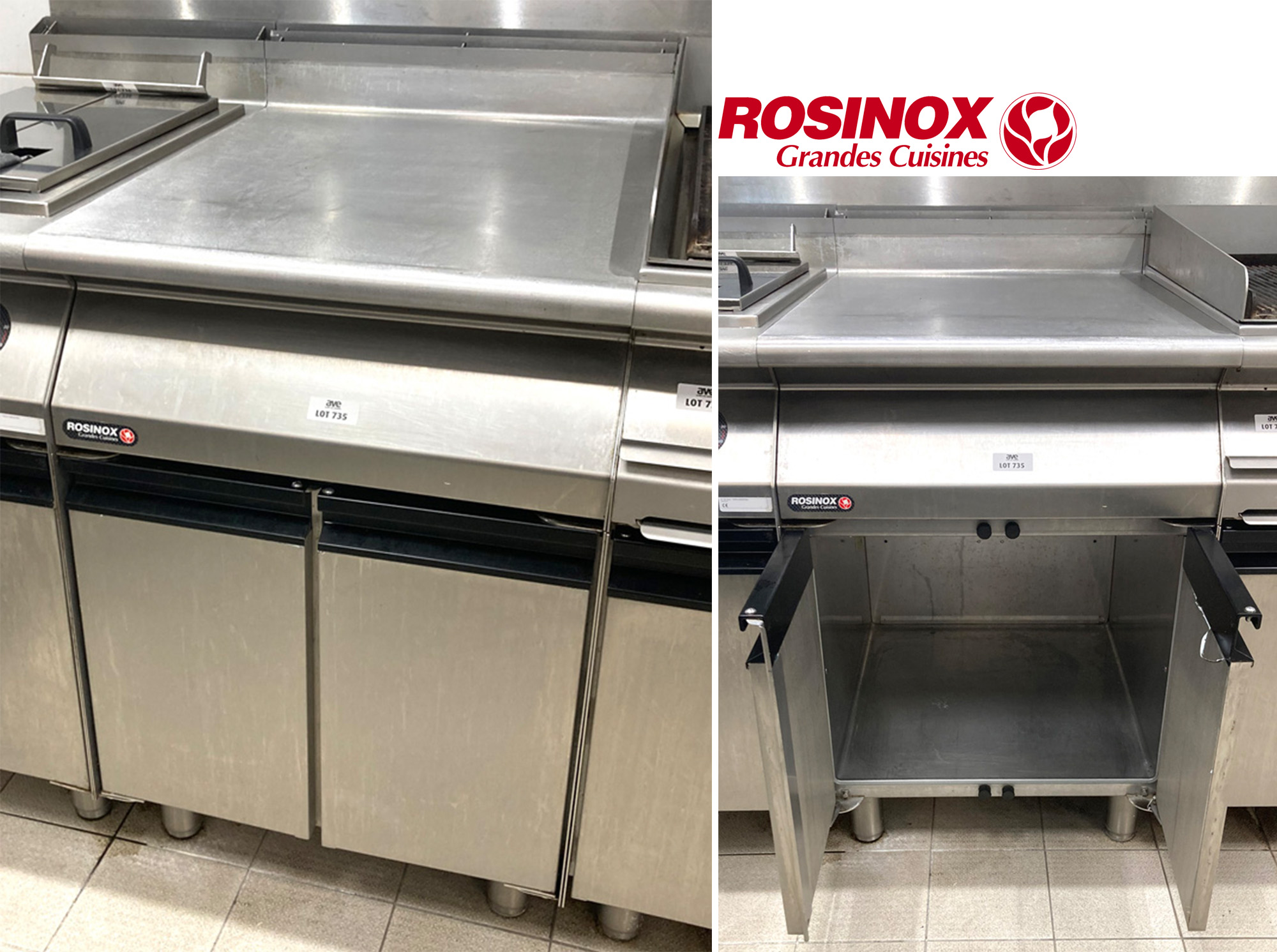 PLAN DE TRAVAIL EN INOX ALIMENTAIRE DE MARQUE ROSINOX OUVRANT DANS SA PARTIE BASSE PAR 2 PORTES SUR 1 ESPACE DE RANGEMENT ET REPOSANT SUR 4 PIEDS. 100 X 60 X 80 CM. LOCALISATION -> AVE - 2 BOULEVARD DU GENERAL DE GAULLE - 92500 RUEIL MALMAISON