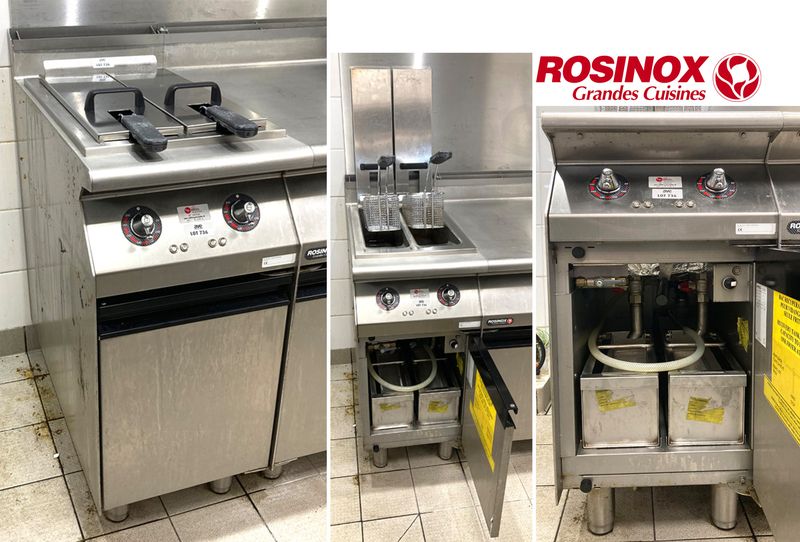 FRITEUSE ELECTRIQUE A 2 BACS EN INOX ALIMENTAIRE DE MARQUE ROSINOX MODELE 2 FR 8 E RC8 48938 400V 14KW OUVRANT PAR 1 PORTE SUR 1 NICHE AVEC 2 RECUPERATEURS D'HUILE FILTRANTS ET REPOSANT SUR 4 PIEDS. 100 X 40 X 80 CM. LOCALISATION -> AVE - 2 BOULEVARD DU GENERAL DE GAULLE - 92500 RUEIL MALMAISON