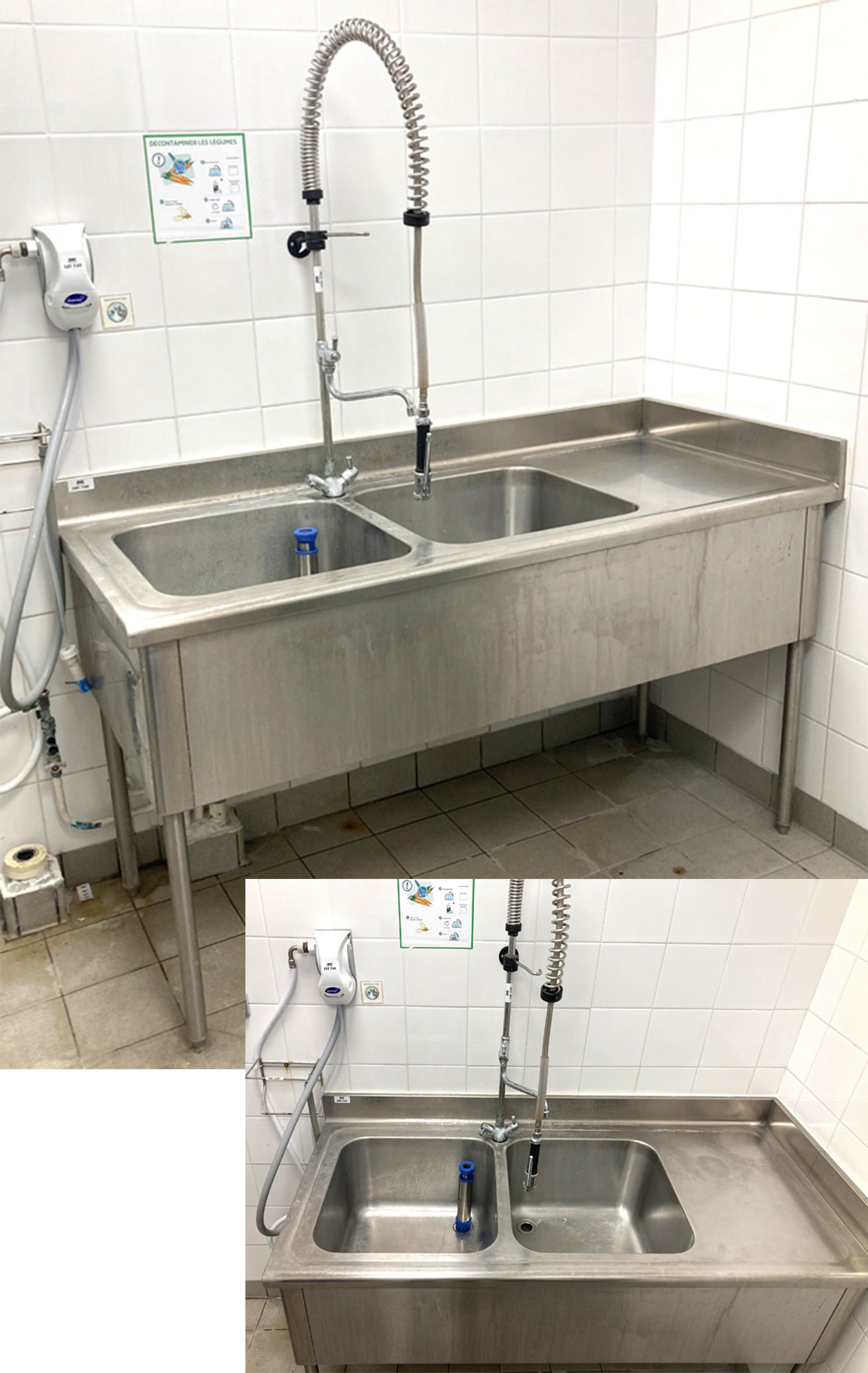 PLONGE ADOSSEE A 2 BACS EN INOX ALIMENTAIRE AVEC DOUCHETTE ET MITIGEUR. 189 X 160 X 70 CM. ON Y JOINT 1 DISTRIBUTEUR DE PRODUIT ET 1 SUPPORT MURAL A PRODUIT. LOCALISATION -> AVE - 2 BOULEVARD DU GENERAL DE GAULLE - 92500 RUEIL MALMAISON