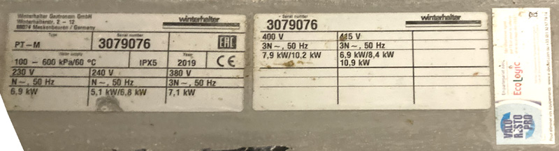 LAVE-VAISSELLE PROFESSIONNEL EN INOX ALIMENTAIRE DE MARQUE WINTERHALTER MODELE PT-M 100-600 KPA/60°C 240V (199/158 X 74 X 82 CM). ON Y JOINT 1 ADOUCISSEUR DE MARQUE CTA, 2 PANIERS A PRODUIT, 4 PANIERS A VAISSELLE EN NYLON DE MARQUE HOBART ET 1 EXTENSION SUSPENDUE EN INOX ALIMENTAIRE REPOSANT SUR 2 PIEDS (90 X 90 X 60 CM). LOCALISATION -> AVE - 2 BOULEVARD DU GENERAL DE GAULLE - 92500 RUEIL MALMAISON