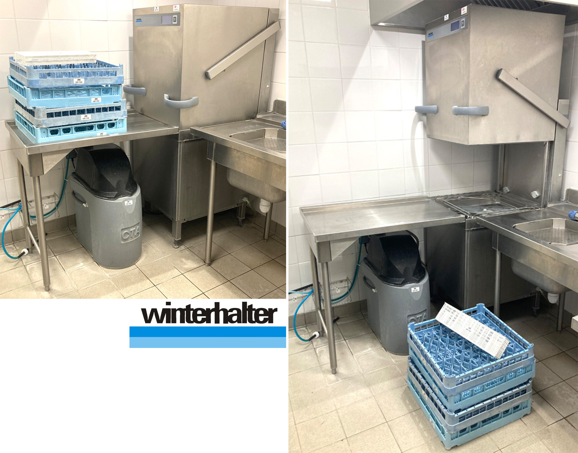 LAVE-VAISSELLE PROFESSIONNEL EN INOX ALIMENTAIRE DE MARQUE WINTERHALTER MODELE PT-M 100-600 KPA/60°C 240V (199/158 X 74 X 82 CM). ON Y JOINT 1 ADOUCISSEUR DE MARQUE CTA, 2 PANIERS A PRODUIT, 4 PANIERS A VAISSELLE EN NYLON DE MARQUE HOBART ET 1 EXTENSION SUSPENDUE EN INOX ALIMENTAIRE REPOSANT SUR 2 PIEDS (90 X 90 X 60 CM). LOCALISATION -> AVE - 2 BOULEVARD DU GENERAL DE GAULLE - 92500 RUEIL MALMAISON