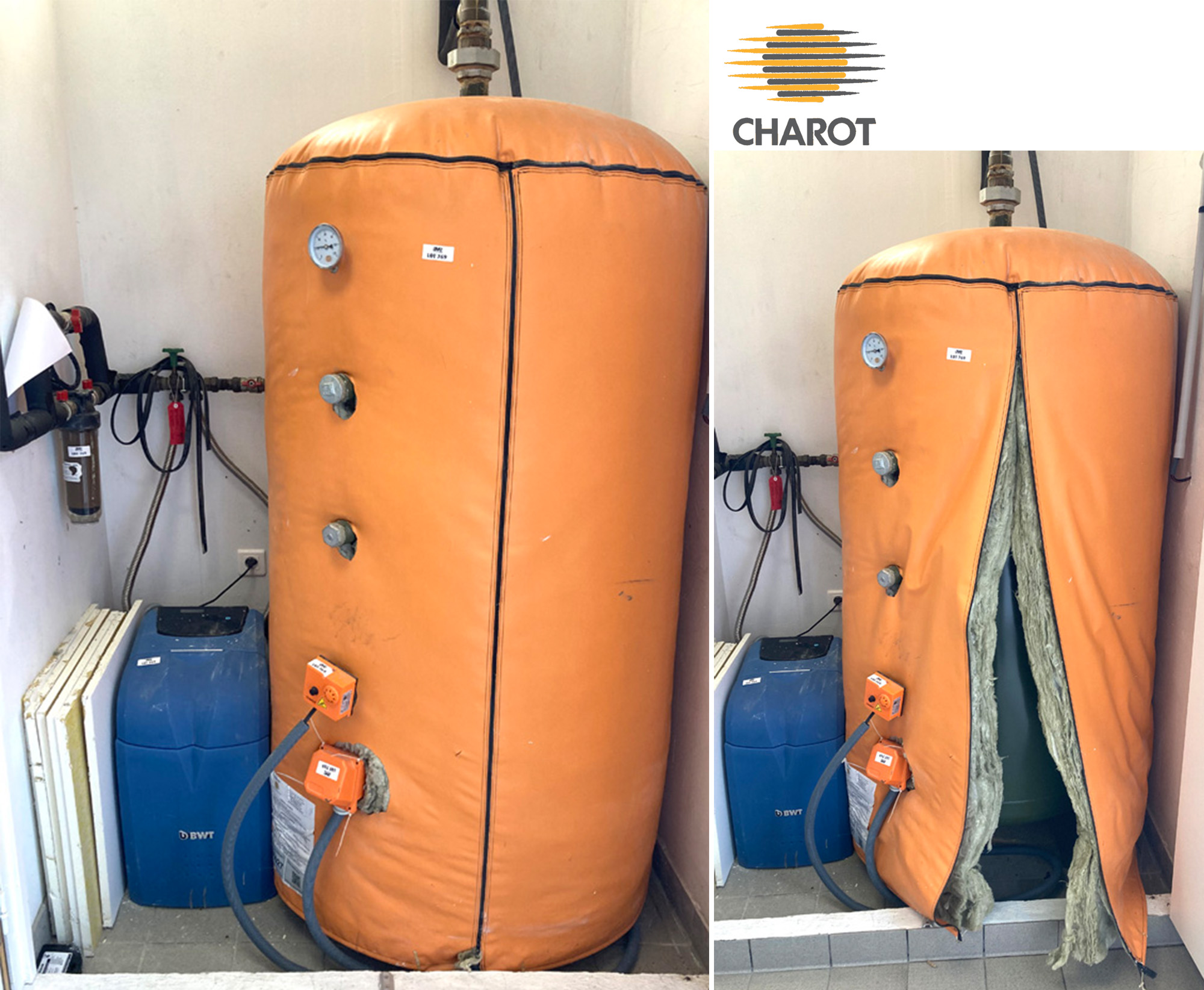 CHAUFFE EAU DE MARQUE CHAROT MODELE HELIO ELECTRIQUE EN ACIER THERMO LAQUE, AVEC HOUSSE ISOLANTE ORANGE (220 X 94 CM), ET SON ADOUCISSEUR DE MARQUE BWT (60 X 37 X 60 CM). LOCALISATION -> AVE - 2 BOULEVARD DU GENERAL DE GAULLE - 92500 RUEIL MALMAISON