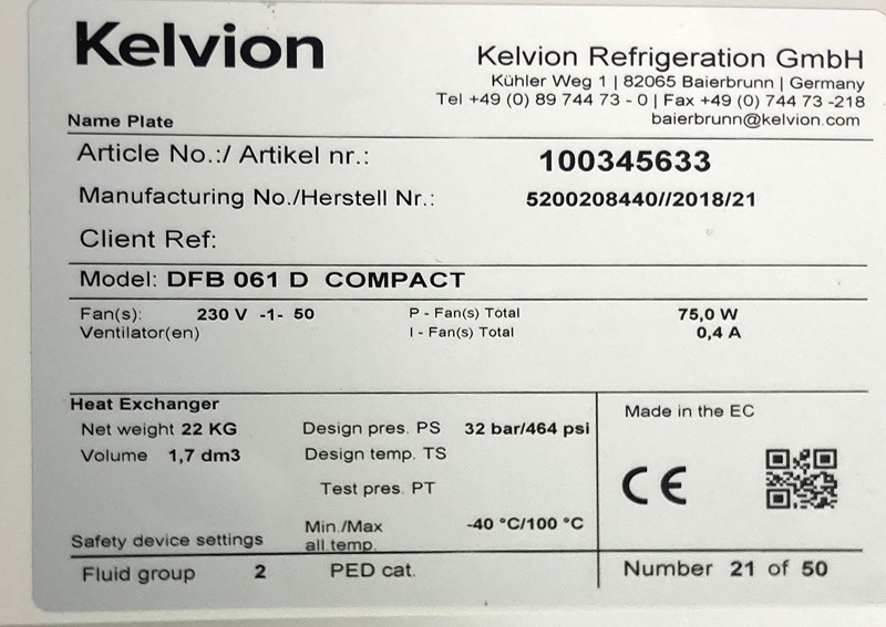 GROUPE EVAPORATEUR COMPRENANT : 3 EVAPORATEURS DE MARQUE KELVION DONT 1 MODELE DFB 051 D COMPACT (26 X 88 X 64 CM), 1 MODELE DFB 061 D COMPACT (26 X 98 X 64 CM), 1 MODELE SPBE 30-F31 MARKET (41 X 95 X 35 CM) ET 1 MODELE KDC-352-SAN-HX32-1-1400 (25 X 180 X 95 CM) ; 4 MOUCHARDS DE MARQUE DANFOSS MODELE OPTIMA CONTROL AK-RC101 (18 X 25 X 10 CM) ET 2 GROUPES FROIDS DE MARQUE EMERSON COPELAND DONT 1 MODELE ZXLE-020E-TFD-454 (85 X 95 X 43 CM) ET 1 MODELE ZXDE-075E-TFD-454 (126 X 95 X 43 CM). LOCALISATION -> AVE - 2 BOULEVARD DU GENERAL DE GAULLE - 92500 RUEIL MALMAISON