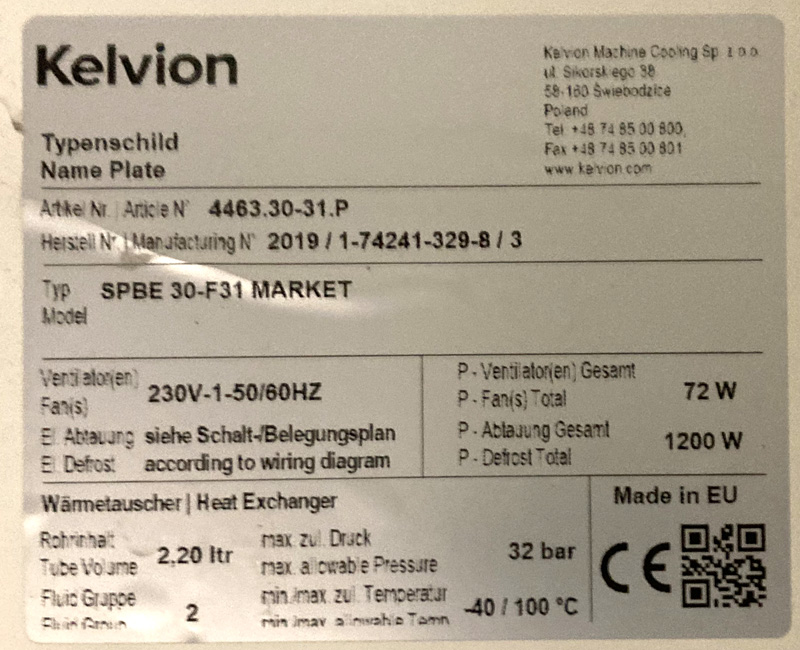 GROUPE EVAPORATEUR COMPRENANT : 3 EVAPORATEURS DE MARQUE KELVION DONT 1 MODELE DFB 051 D COMPACT (26 X 88 X 64 CM), 1 MODELE DFB 061 D COMPACT (26 X 98 X 64 CM), 1 MODELE SPBE 30-F31 MARKET (41 X 95 X 35 CM) ET 1 MODELE KDC-352-SAN-HX32-1-1400 (25 X 180 X 95 CM) ; 4 MOUCHARDS DE MARQUE DANFOSS MODELE OPTIMA CONTROL AK-RC101 (18 X 25 X 10 CM) ET 2 GROUPES FROIDS DE MARQUE EMERSON COPELAND DONT 1 MODELE ZXLE-020E-TFD-454 (85 X 95 X 43 CM) ET 1 MODELE ZXDE-075E-TFD-454 (126 X 95 X 43 CM). LOCALISATION -> AVE - 2 BOULEVARD DU GENERAL DE GAULLE - 92500 RUEIL MALMAISON