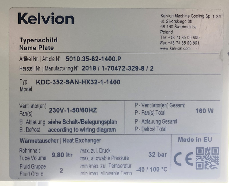 GROUPE EVAPORATEUR COMPRENANT : 3 EVAPORATEURS DE MARQUE KELVION DONT 1 MODELE DFB 051 D COMPACT (26 X 88 X 64 CM), 1 MODELE DFB 061 D COMPACT (26 X 98 X 64 CM), 1 MODELE SPBE 30-F31 MARKET (41 X 95 X 35 CM) ET 1 MODELE KDC-352-SAN-HX32-1-1400 (25 X 180 X 95 CM) ; 4 MOUCHARDS DE MARQUE DANFOSS MODELE OPTIMA CONTROL AK-RC101 (18 X 25 X 10 CM) ET 2 GROUPES FROIDS DE MARQUE EMERSON COPELAND DONT 1 MODELE ZXLE-020E-TFD-454 (85 X 95 X 43 CM) ET 1 MODELE ZXDE-075E-TFD-454 (126 X 95 X 43 CM). LOCALISATION -> AVE - 2 BOULEVARD DU GENERAL DE GAULLE - 92500 RUEIL MALMAISON